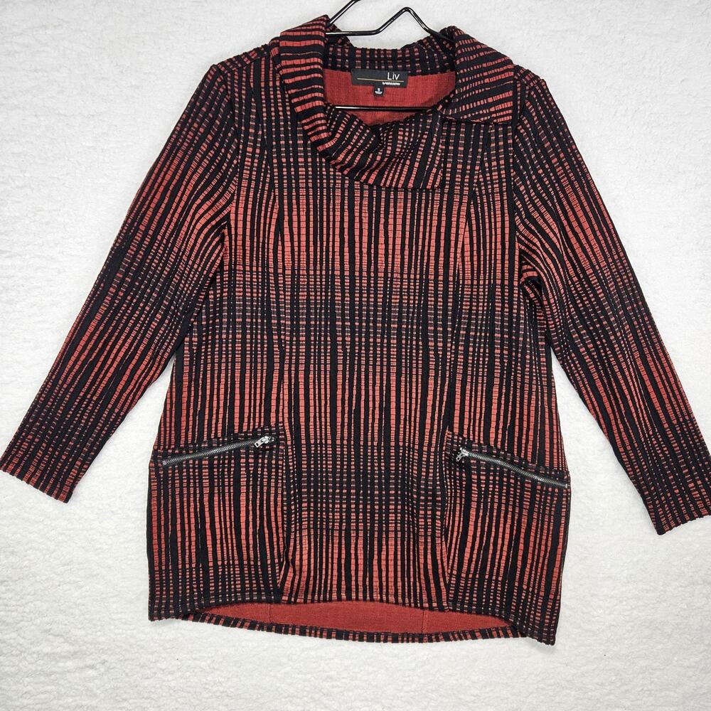 LIV by Habitat Red/Orange Striped Lagenlook Cowl Neck Tunic W/ Pockets Womens SM